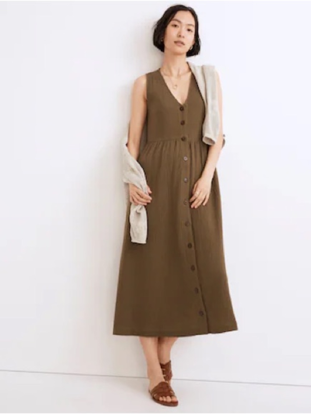 Madewell Lightspun Button-Front Midi Dress in Olive